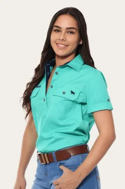 Clearance Ringers Western Jules Womens Half Button Short Sleeve Work Shirt - Mint