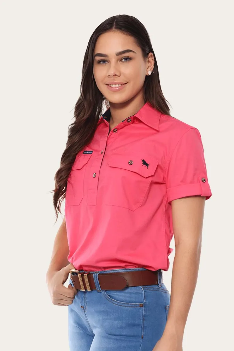 Online Ringers Western Jules Womens Half Button Short Sleeve Work Shirt - Melon