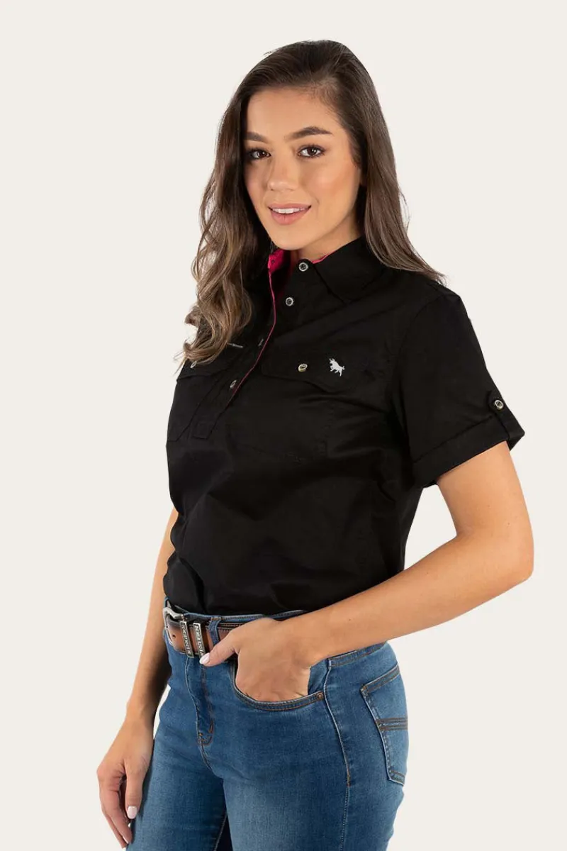 Ringers Western Jules Womens Half Button Short Sleeve Work Shirt - Black/Melon