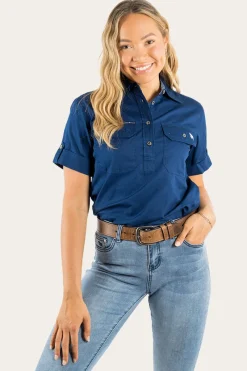 Outlet Ringers Western Jules Womens Half Button Short Sleeve Work Shirt - Navy
