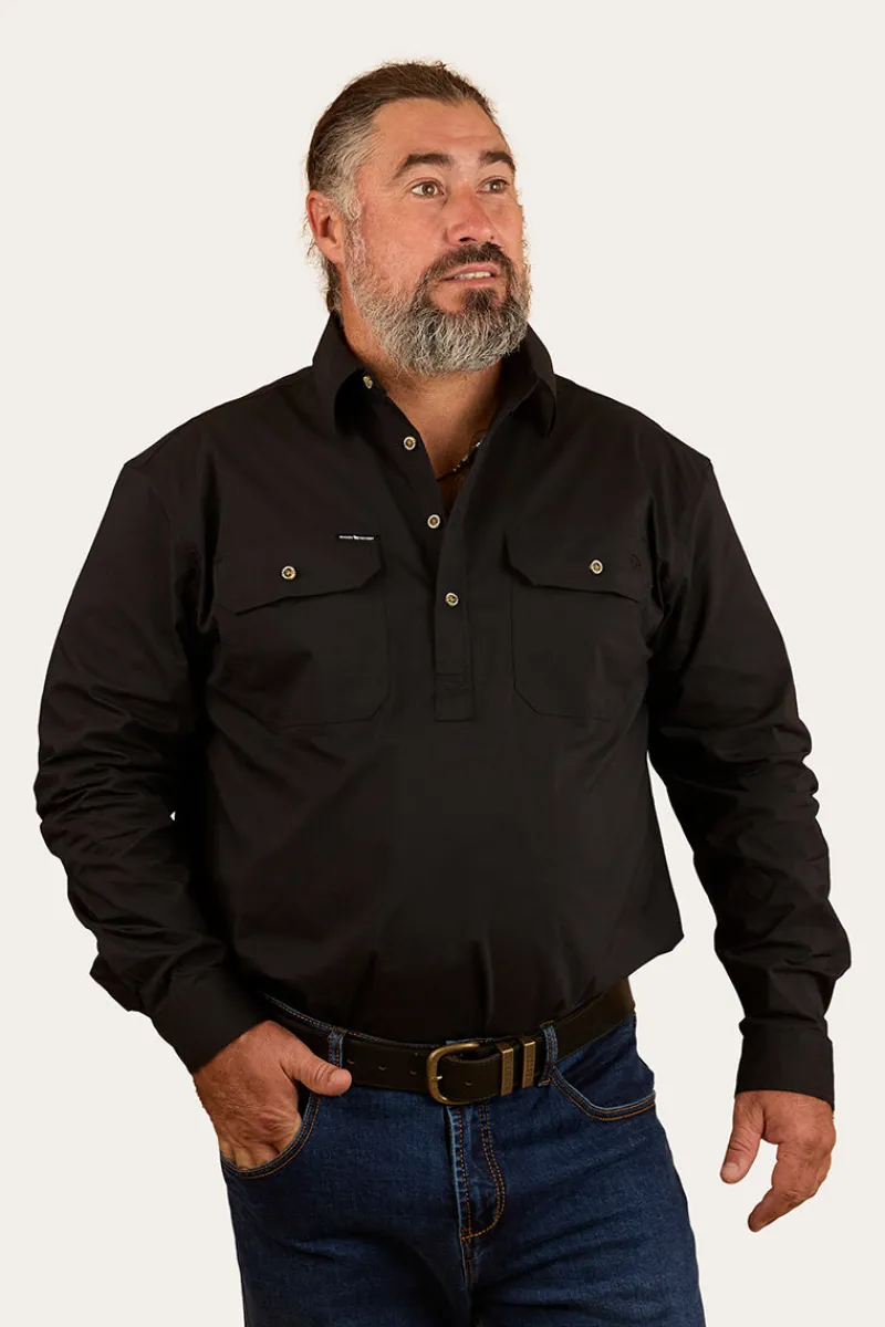 Outlet Ringers Western King River Mens Half Button Coolmax Work Shirt - Black