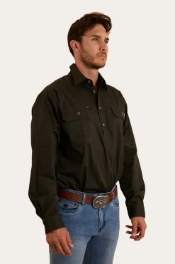 Ringers Western King River Mens Half Button Work Shirt - Charcoal