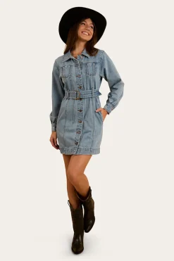 Outlet Ringers Western Korin Womens Mini Dress - Mid Wash Blue