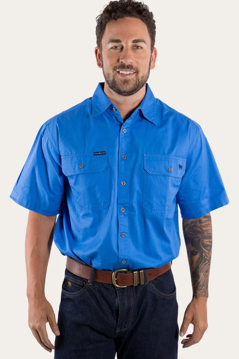 Ringers Western Lake Argyle Mens Short Sleeve Full Button Work Shirt - Blue