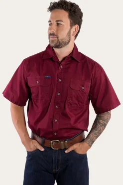 Discount Ringers Western Lake Argyle Mens Short Sleeve Full Button Work Shirt - Burgundy