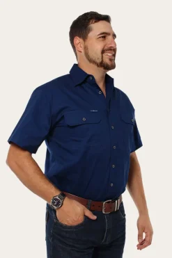 Hot Ringers Western Lake Argyle Mens Short Sleeve Full Button Work Shirt - Navy