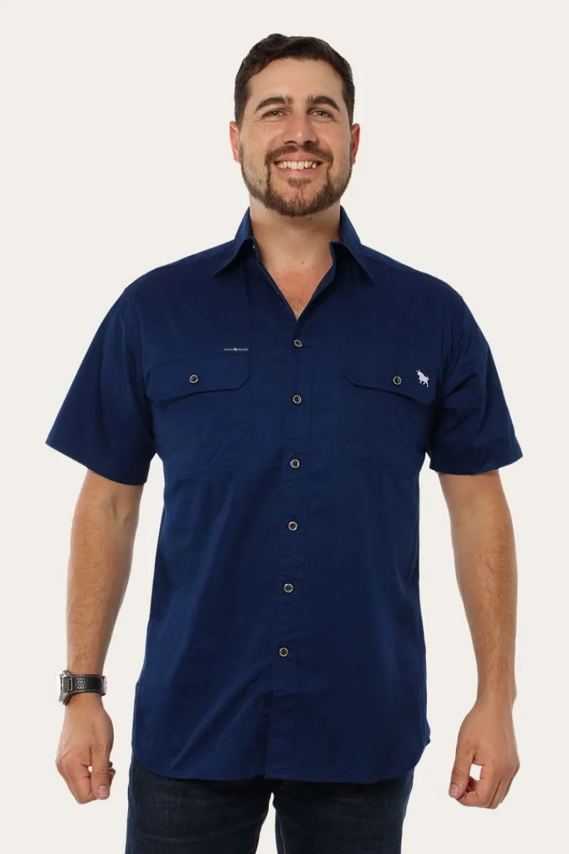 Hot Ringers Western Lake Argyle Mens Short Sleeve Full Button Work Shirt - Navy