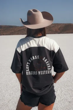Online Ringers Western Lets Horse Around Womens Oversized T-Shirt - Washed Black / Off White