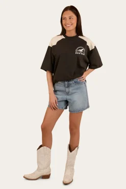 Online Ringers Western Lets Horse Around Womens Oversized T-Shirt - Washed Black / Off White