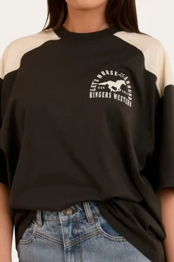 Online Ringers Western Lets Horse Around Womens Oversized T-Shirt - Washed Black / Off White
