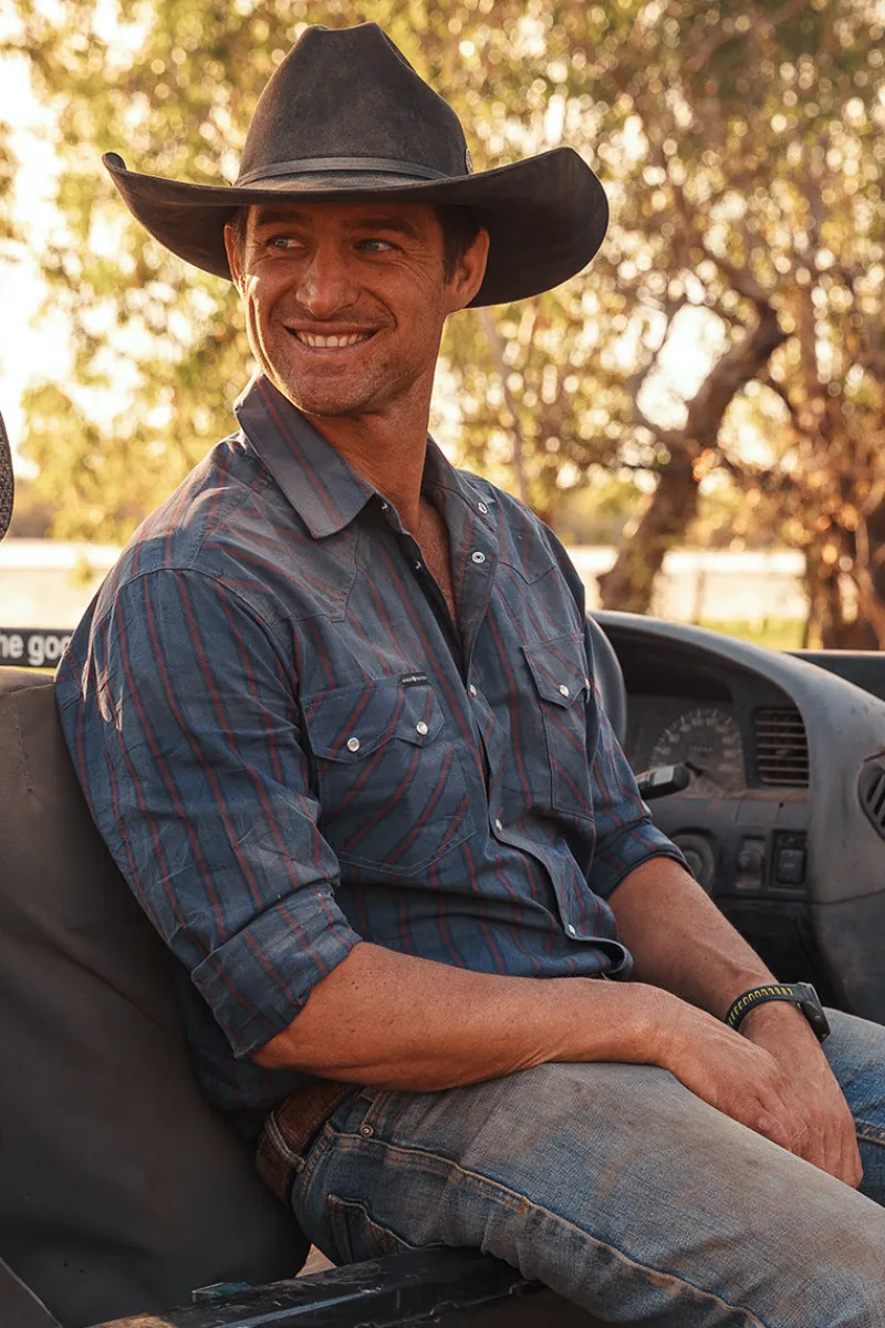 Online Ringers Western Mapleton Mens Western Shirt Stripe - Navy