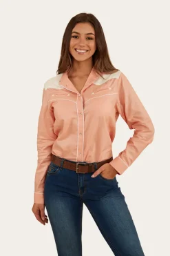 Clearance Ringers Western Musgraves Womens Western Shirt - Coral/Off White