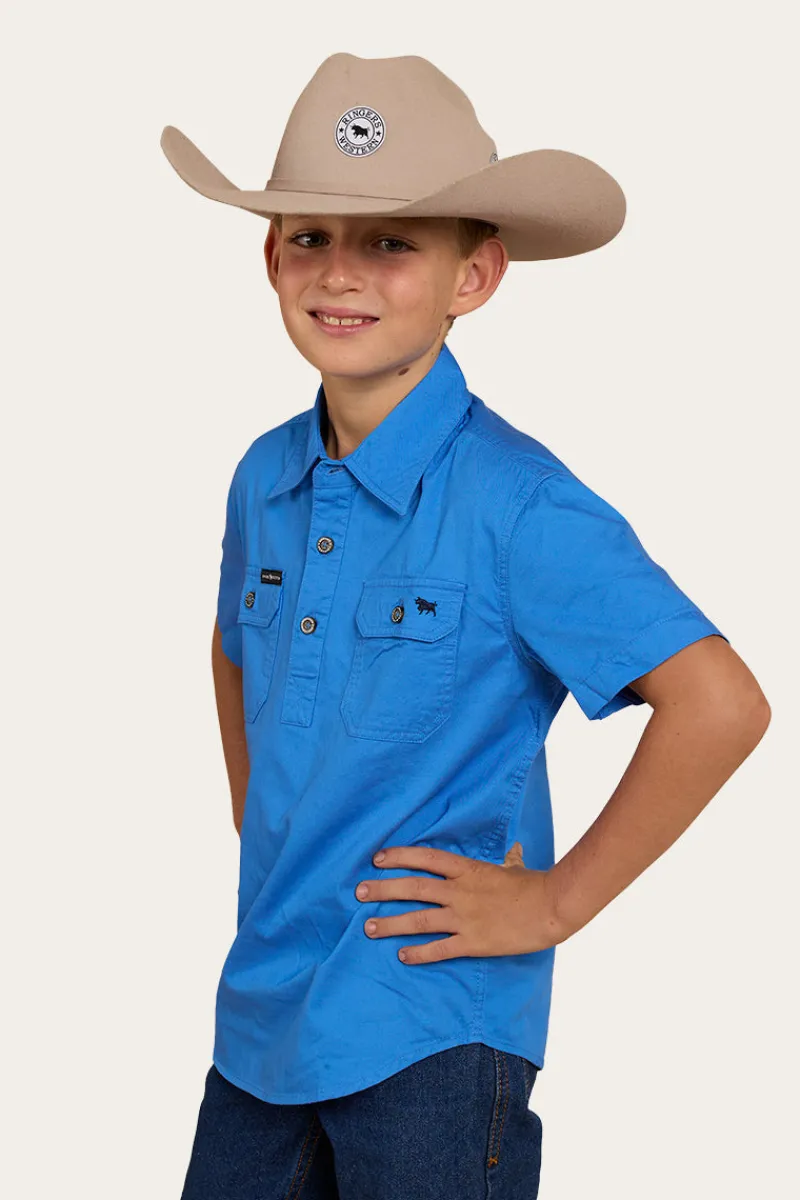 Hot Ringers Western Ord River Kids Half Button Short Sleeve Work Shirt - Blue
