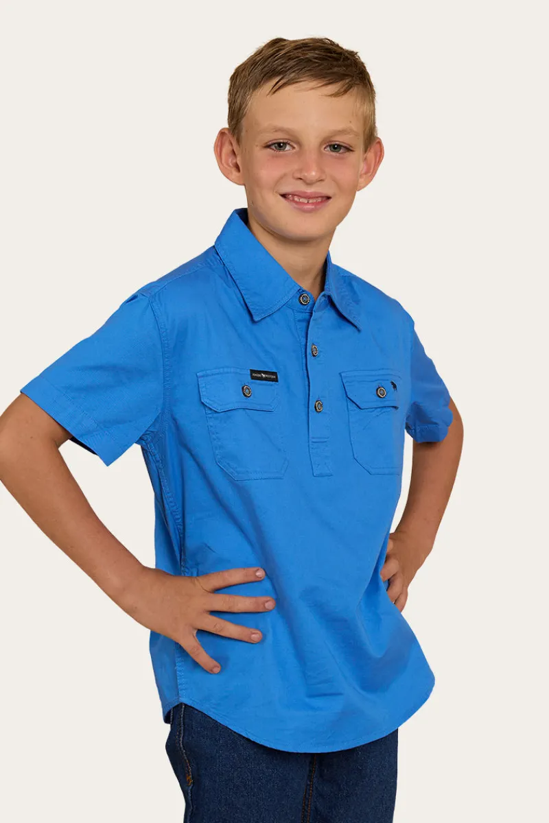 Hot Ringers Western Ord River Kids Half Button Short Sleeve Work Shirt - Blue