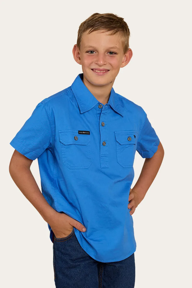 Hot Ringers Western Ord River Kids Half Button Short Sleeve Work Shirt - Blue