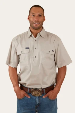 New Ringers Western Pack Saddle Mens Short Sleeve Half Button Work Shirt - Beige