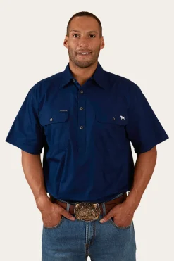 New Ringers Western Pack Saddle Mens Short Sleeve Half Button Work Shirt - Navy