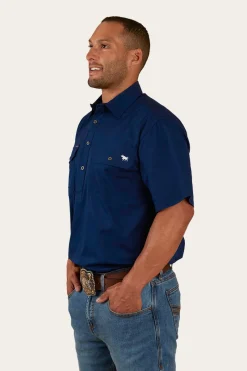 New Ringers Western Pack Saddle Mens Short Sleeve Half Button Work Shirt - Navy