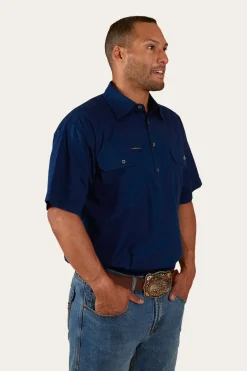 New Ringers Western Pack Saddle Mens Short Sleeve Half Button Work Shirt - Navy