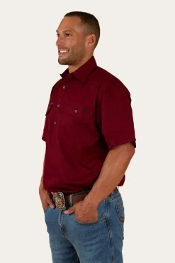 Ringers Western Pack Saddle Mens Short Sleeve Half Button Work Shirt - Burgundy
