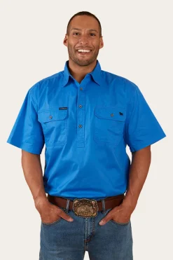 New Ringers Western Pack Saddle Mens Short Sleeve Half Button Work Shirt - Blue