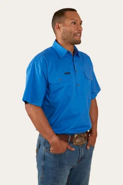 New Ringers Western Pack Saddle Mens Short Sleeve Half Button Work Shirt - Blue