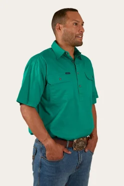 Online Ringers Western Pack Saddle Mens Short Sleeve Half Button Work Shirt - Green