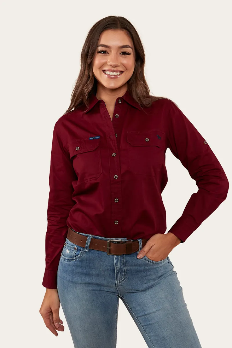 Clearance Ringers Western Pentecost River Womens Full Button Work Shirt - Burgundy