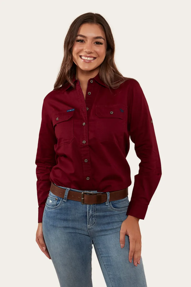Clearance Ringers Western Pentecost River Womens Full Button Work Shirt - Burgundy