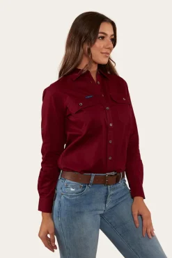 Clearance Ringers Western Pentecost River Womens Full Button Work Shirt - Burgundy