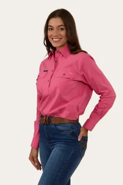 Outlet Ringers Western Pentecost River Womens Half Button Coolmax Work Shirt - Melon