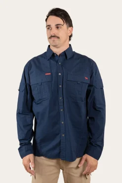Hot Ringers Western Pilbara Mens Ripstop Full Button Work Shirt - Dark Navy