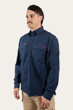 Hot Ringers Western Pilbara Mens Ripstop Full Button Work Shirt - Dark Navy