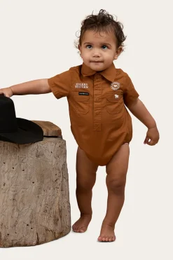 Outlet Ringers Western Ringers Babies Short Sleeve Work Shirt Romper - Tobacco / White