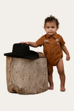 Outlet Ringers Western Ringers Babies Short Sleeve Work Shirt Romper - Tobacco / White