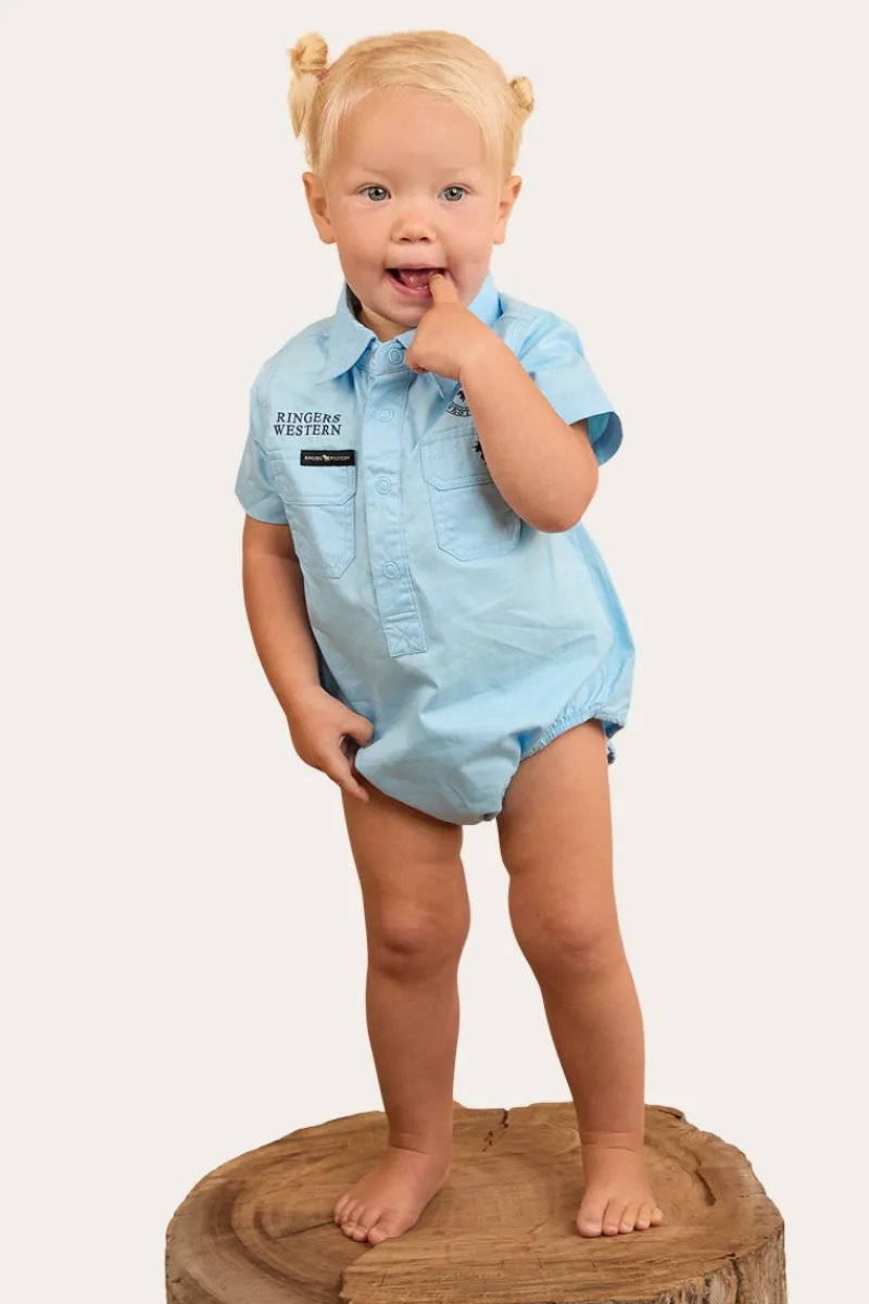 New Ringers Western Ringers Babies Short Sleeve Work Shirt Romper - Sky Blue