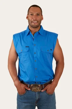 Clearance Ringers Western Rob Roy Mens Sleeveless Full Button Work Shirt - Blue