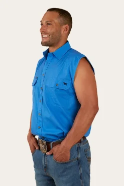 Clearance Ringers Western Rob Roy Mens Sleeveless Full Button Work Shirt - Blue