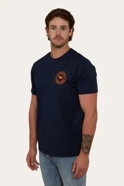 Outlet Ringers Western Signature Bull Mens Loose Fit T-Shirt - Navy/Orange