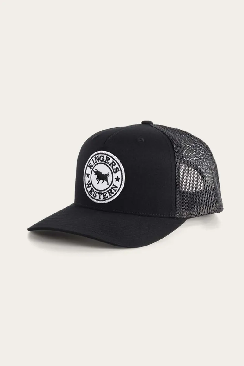 Discount Ringers Western Signature Bull Trucker Black with Black & White Patch