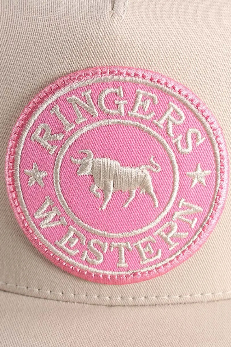 Hot Ringers Western Signature Bull Trucker Cap - Bone/Pink