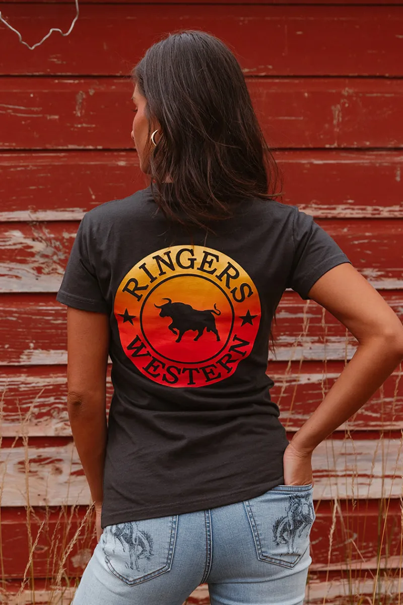 Hot Ringers Western Signature Bull Womens Classic Fit T-Shirt - Charcoal Fade