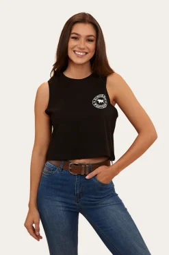 Hot Ringers Western Signature Bull Womens Crop Muscle Tank - Black/White