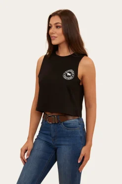 Hot Ringers Western Signature Bull Womens Crop Muscle Tank - Black/White