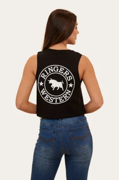 Hot Ringers Western Signature Bull Womens Crop Muscle Tank - Black/White