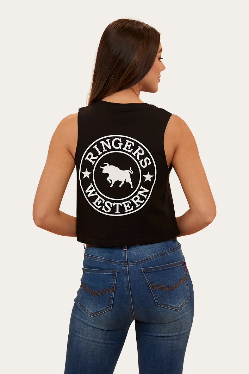 Hot Ringers Western Signature Bull Womens Crop Muscle Tank - Black/White