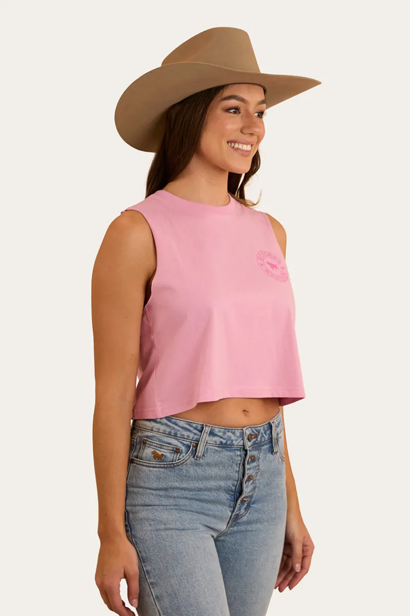Clearance Ringers Western Signature Bull Womens Crop Muscle Tank - Pastel Pink
