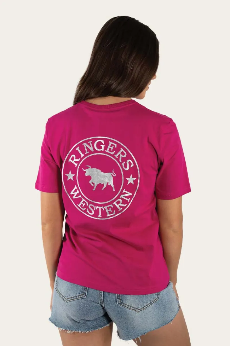 Discount Ringers Western Signature Bull Womens Loose Fit T-Shirt - Magenta/Silver