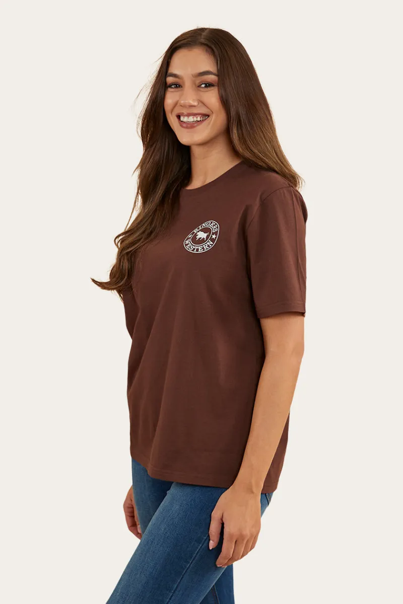 Discount Ringers Western Signature Bull Womens Loose Fit T-Shirt - Chocolate/White