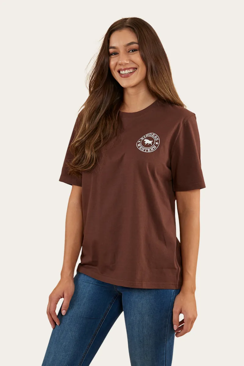 Discount Ringers Western Signature Bull Womens Loose Fit T-Shirt - Chocolate/White